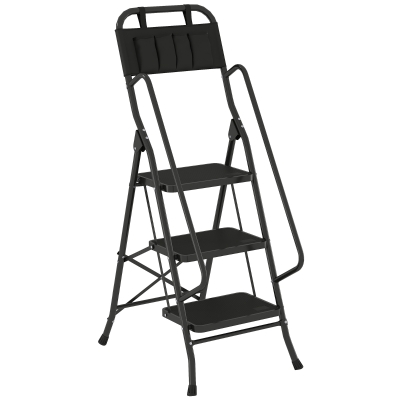 HOMCOM Escalera Plegable de 3 Peldaños con Bolsa de Herramientas Escalera de Tijera con Peldaños Anchos Antideslizantes Negro