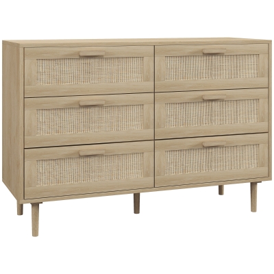 HOMCOM 6-Drawer Chest Rattan Storage Light Wood Finish