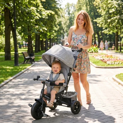 HOMCOM Triciclo para Bebés de +12 Meses con Mango de Empuje Telescópico y Desmontable Bolso para Mamá y Portabotellas Gris