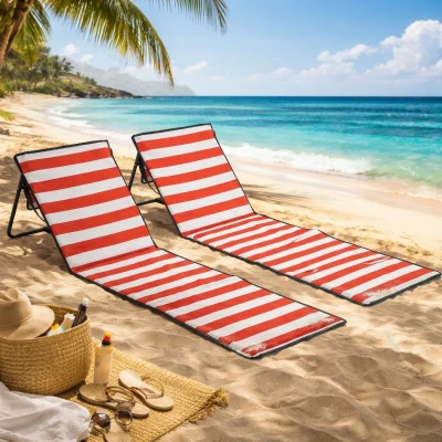 Outsunny Lot 2 Tapis de Plage Dossier Inclinable 142x51cm Blanc/Rouge