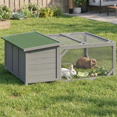 PawHut Konijnenhok Konijnenstal hout konijnenkooi met opklapbaar bitumendak, ren, deuren 125,5x100x49 cm Grijs