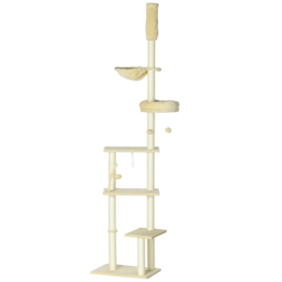 PawHut IE Located Floor to Ceiling Cat Tree, Adjustable Height, Cat Climbing Tower with Carpeted Platforms, Cozy Bed, Hammock, Scratching Posts, Toy Balls, Activity Center for Kittens, Beige