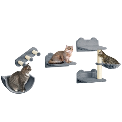 PawHut Arbre à chat parcours mural complet 4 pièces griffoir hamac plateforme sisal peluche gris