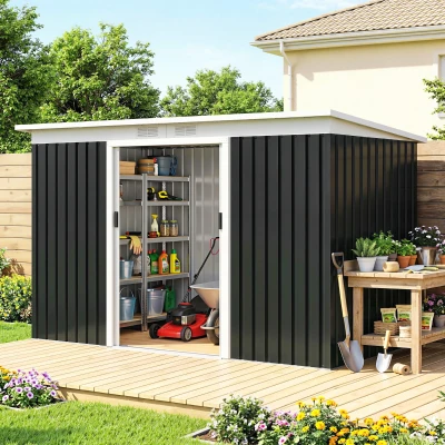 Outsunny Abrigo de Jardim 280x130x172cm Abrigo de Exterior de Aço Galvanizado com Porta Corredeira e Ventilações Cinza Escuro