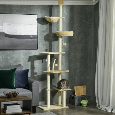 PawHut IE Located Floor to Ceiling Cat Tree, Adjustable Height, Cat Climbing Tower with Carpeted Platforms, Cozy Bed, Hammock, Scratching Posts, Toy Balls, Activity Center for Kittens, Beige