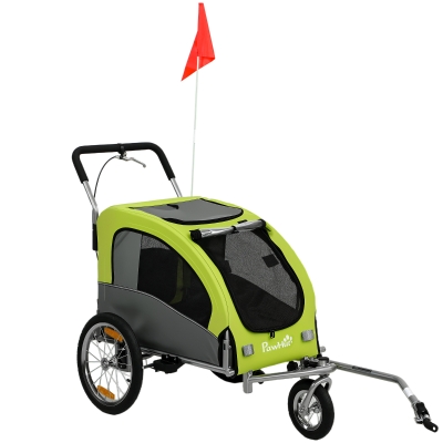 PawHut Remolque de Bicicleta Perros 2 en 1 Carrito Perros Medianos Plegable con Suspensión Neumáticos Grandes Ventanas Verde