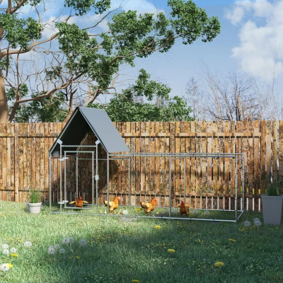 PawHut Walk In Chicken Run, Large Poultry Coop Cage Hen House Rabbit Hutch for 6-8 Chickens Outdoor Galvanized Metal Enclosure w/ Water-Resist Cover
