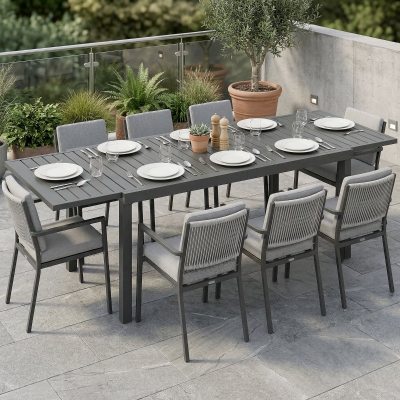 Outsunny Mesa de Jardim Extensível 150/225x85x75 cm Mesa de Jantar de Alumínio com Tampo de Ripas para 6-8 Pessoas Cinzento