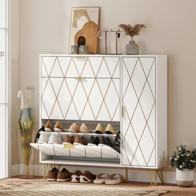 HOMCOM Sapateira Estreita com 2 Compartimentos Abatíveis Armário e Prateleiras Ajustáveis 10-14 Pares de Sapatos 110x25x110,6 cm Branco