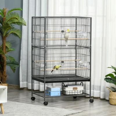 PawHut Gaiola para Pássaros com Rodas Bandeja Amovível 4 Portas 4 Comedouros e Prateleira de Armazenamento 78x52x132cm Cinza