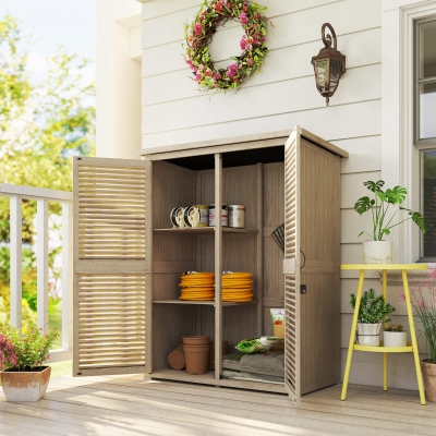 Outsunny Armario de Jardín 0,83 m² 127x65x168 cm con 2 Puertas de Persiana 2 Estantes 2 Asas y Techo Impermeable Natural