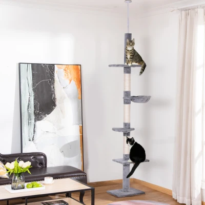 PawHut Árbol para Gatos de Suelo al Techo de 230-260 cm con Altura Ajustable Plataformas Hamaca y Postes de Sisal Gris