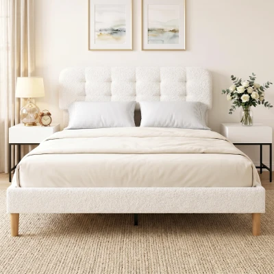 HOMCOM Lit Double 160x200cm Velours Teddy Blanc Tête Réglable