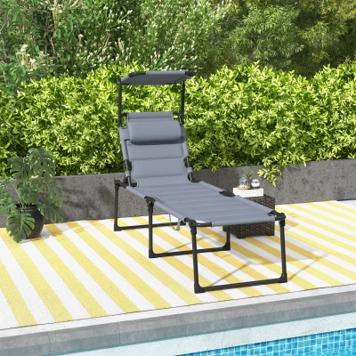 Outsunny Espreguiçadeira Dobrável Espreguiçadeira de Jardim com Toldo Ajustável para Jardim Terraço Piscina 70x200x45 cm Cinza