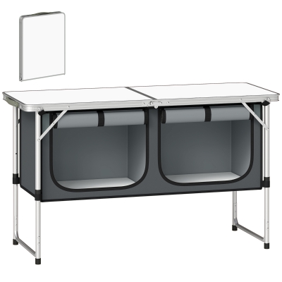 Outsunny Mesa de Campismo Dobrável com Armário de Tecido Oxford Estrutura de Alumínio 120x47x70 cm Prata