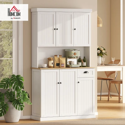HOMCOM White Kitchen Cabinet 180cm Freestanding Modern Storage with Open Countertop Drawer 6 Doors Kitchen White