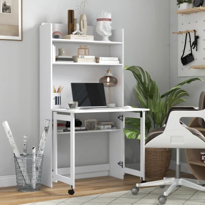 HOMCOM Birou Pliabil cu Bibliotecă cu 4 Rafturi, 2 Roți și Orificiu pentru Cabluri, 80x69x155 cm, Alb