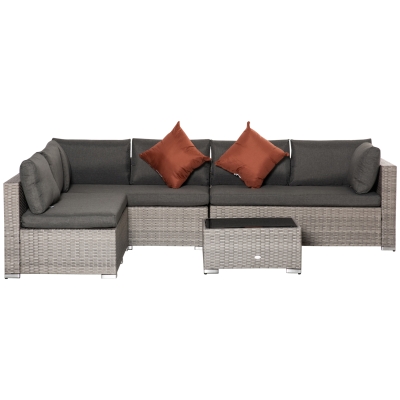 Outsunny 6 Seater Patio PE Rattan Wicker Sofa Set, Outdoor All Weather Conservatory Furniture, w/ Tempered Glass Coffee Table & Cushions, Deep Grey