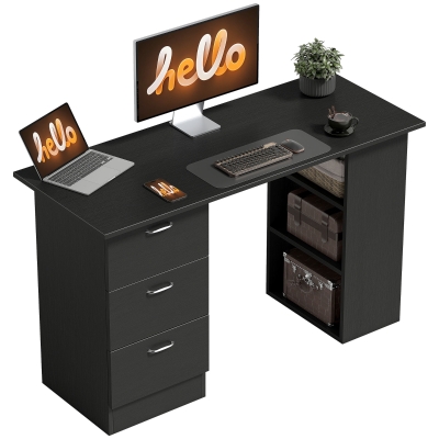 HOMCOM Bureau Informatique Noir 3 Tiroirs + Étagères