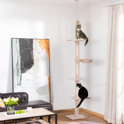 PawHut Árbol para Gatos de Suelo a Techo de 230-260 cm con Altura Ajustable Plataformas Hamaca y Postes de Sisal Beige