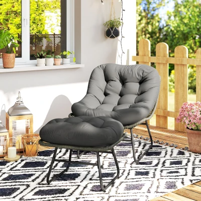 Outsunny Cadeira de Jardim com Otomano em Metal Epóxi e Vime Entrançado com Aspeto de Vime com Almofadas Macias Cinza