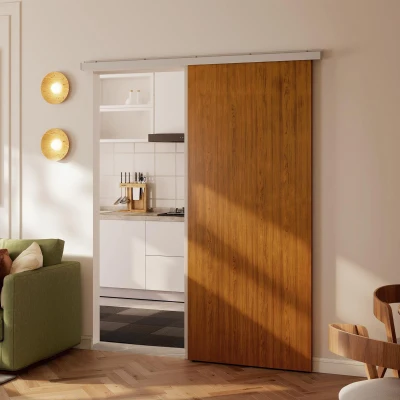 HOMCOM Puerta Corredera con Herrajes 90x210 cm con Rodillo Riel de Aluminio Guía de Suelo Marrón