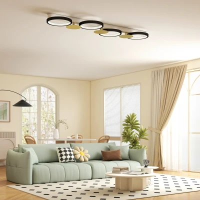 HOMCOM Candeeiro de Teto Regulável com 4 Focos Controlo Remoto Modos de Cena 1500 lm 38 W 3000 K-6500 K 100x31x7 cm Preto e Dourado