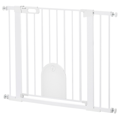 PawHut Barrière Animaux Ajustable avec Petite Porte en Acier Blanc