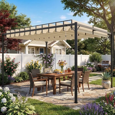 Outsunny Pérgola de Jardín 3x4 m con Protección UPF 50+ Gazebo con Techo Ajustable Estructura de Metal para Exterior Crema