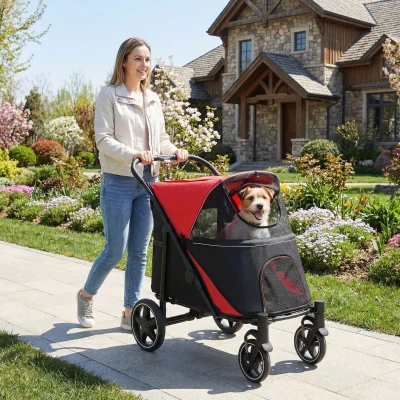 PawHut Passeggino per Cani Pieghevole con Cerniere Nero e Rosso