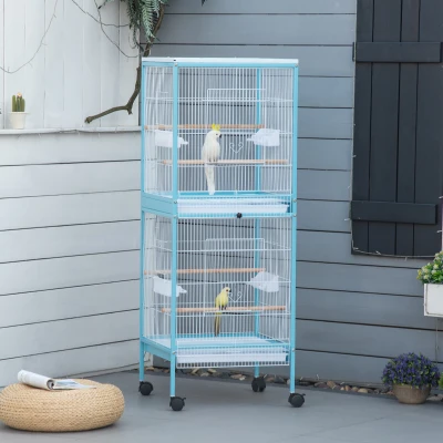 PawHut Gaiola para Pássaros com Rodas de 2 Níveis  com Bandejas Removíveis Portas Comedouros Poleiros 51,5x50x140 cm Azul