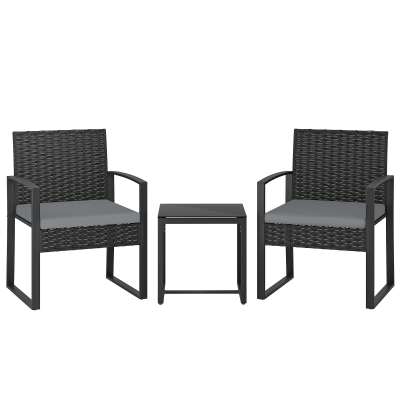 Outsunny Conjunto de Muebles de Jardín de Ratán Sintético con 2 Sillas con Cojines Extraíbles y Mesa con Tablero de Vidrio Gris
