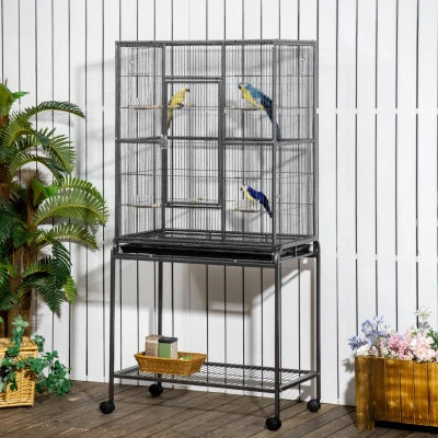 PawHut Gaiola para Pássaros com Rodas 81x48x162,5 cm com Bandeja 4 Poleiros 4 Comedouros e Prateleira Preto e Cinza