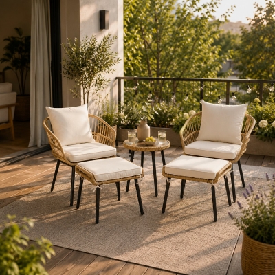 5-teiliges Garten-Lounge-Set, mit 1 Esstisch, 2 Stühlen, 2 Hockern, Weiß+Naturfarbe