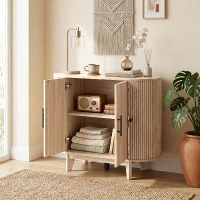 HOMCOM Sideboard für Wohnzimmer, ovales Aufbewahrungsmöbel mit 4 Türen und verstellbaren Einlegeböden, 90 x 40 x 76 cm, Eiche