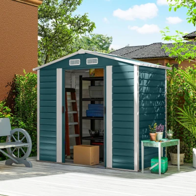 Outsunny Cobertizo Metálico para Jardín 213x120x166/194 cm con Base Refuerzo Puertas Correderas y Ventilaciones Verde Oscuro