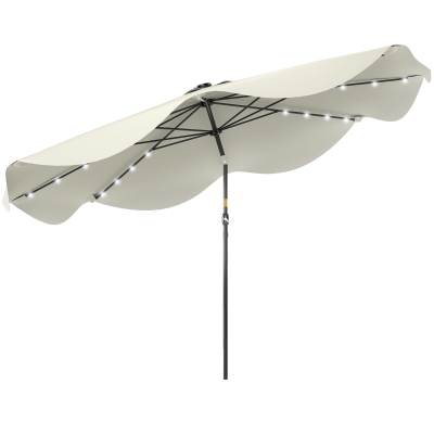 Outsunny Sombrilla de Jardín Manual Ø292x254 cm con 32 Luces LED Solares 8 Varillas Impermeable y Rejillas de Ventilación Crema