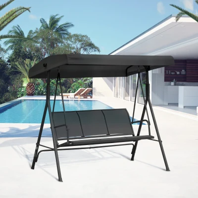 Outsunny Columpio de Jardín Exterior de 3 Plazas con Toldo Reclinable Respaldo Transpirable Marco de Acero 175x118x159 cm Negro