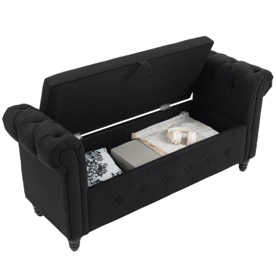 HOMCOM Banc Coffre Tissu Lin Pieds Bois 146,5x49x72cm Noir