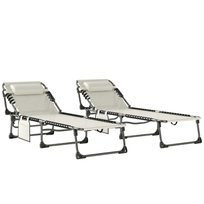 Outsunny Set de 2 Tumbonas Plegables con Reposacabezas Bolsillo Lateral y Respaldo Reclinable en 5 Posiciones Blanco Crema