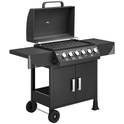 Outsunny Barbacoa de Gas con 6 Quemadores 15 kW Termómetro Parrilla Mesas Laterales Armario y Ruedas 135x51x101 cm Negro