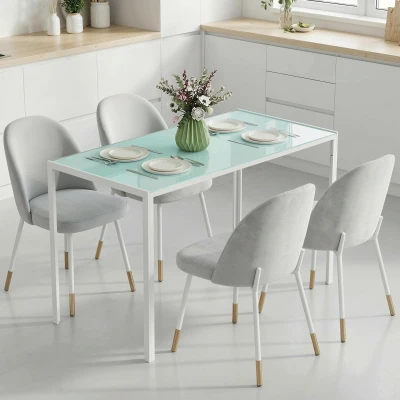 HOMCOM Mesa Sala de Jantar de Cristal Mesa Retangular para 4-6 pessoas com Pés de Metal Multifuncional para Cozinha 120x60x75cm Branco