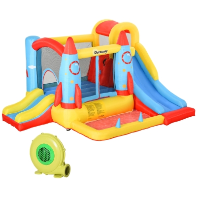Outsunny Bouncy Castle Inflatable Trampoline Slide Pool Rocket Design 3.4 x 2.8 x 1.85m