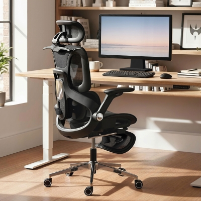 HOMCOM Silla de Escritorio de Malla con Reposapiés Respaldo Reclinable Soporte Lumbar Reposabrazos y Reposacabezas Ajustable