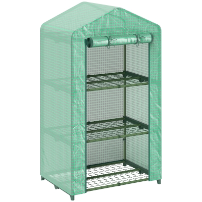Outsunny Invernadero de Jardín de 3 Niveles Puerta Enrollable Marco de Metal Cubierta de PE Anti-UV 69x49x125 cm Verde