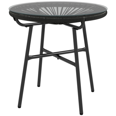 Outsunny Table d'Appoint Extérieur Bohème Rotin PE Verre Noir 50cm