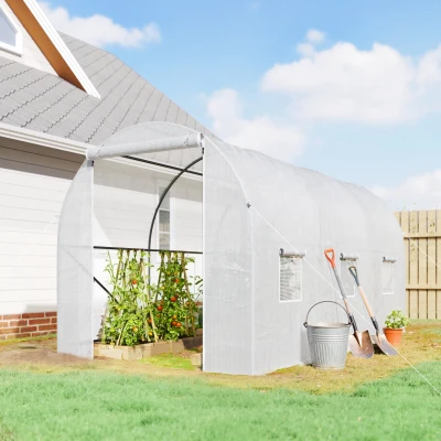 Outsunny Estufa Tipo Túnel 350x200x200 cm com Portas Enroláveis e 6 Janelas Cobertura de PE Estrutura de Metal Branco