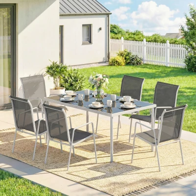 Outsunny Conjunto de Mesa y Sillas Jardín con Mesa de Vidrio Templado 6 Sillas Apilables Transpirables para Terraza Gris