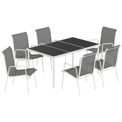 Outsunny Conjunto de Mesa y Sillas Jardín con Mesa de Vidrio Templado 6 Sillas Apilables Transpirables para Terraza Gris