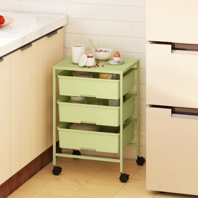 HOMCOM Carrinho Auxiliar com Rodas Carrinho de Cozinha de 3 Níveis com 3 Cestos e Estrutura de Aço 40,8x33,5x60,5 cm Verde